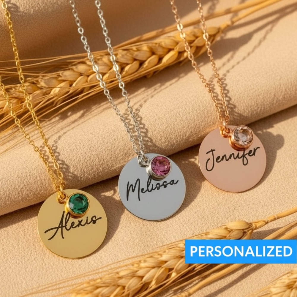 Custom Personalized Swarovski Birthstone 20mm Disc Name Necklace